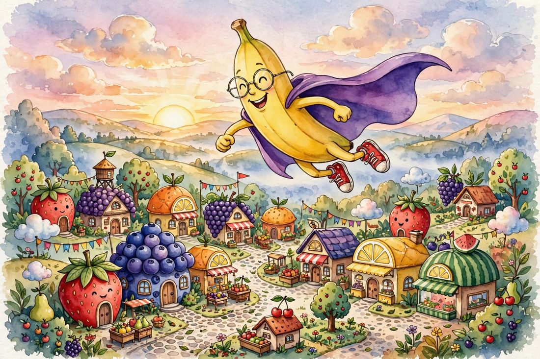 Illustration of Banana-Man flying over a fruit town