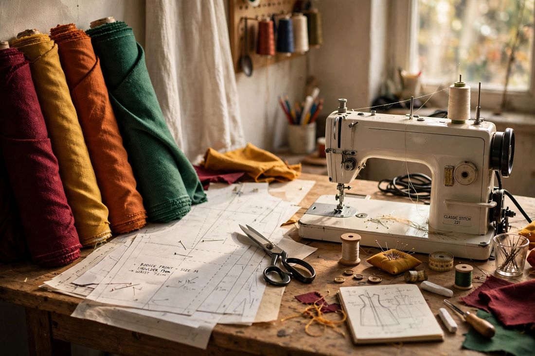 Fabric and a sewing machine in a garment workshop