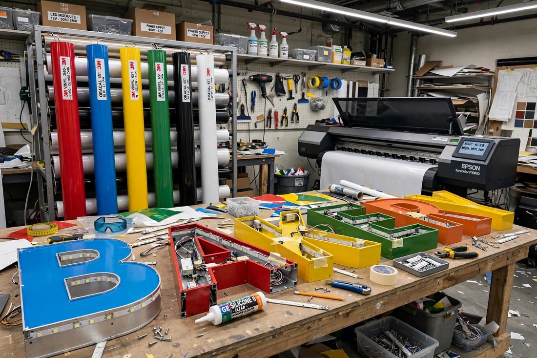 Channel-letter signs being built in a sign workshop