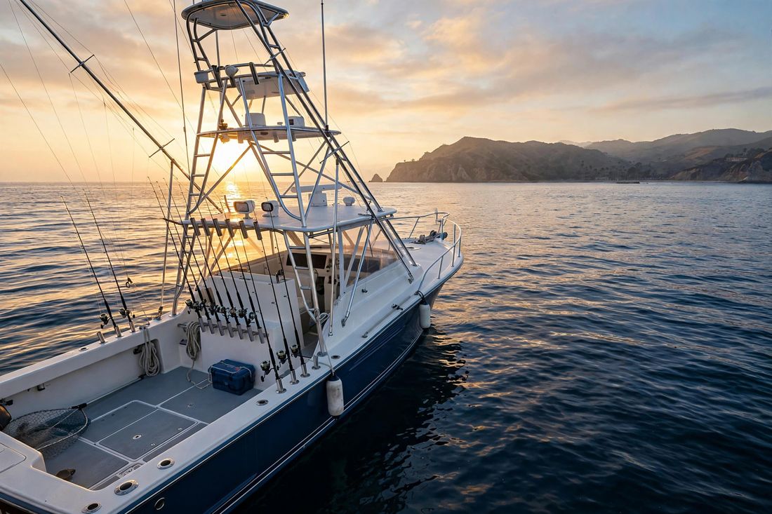 Sportfishing boat off the Southern California coast at sunrise