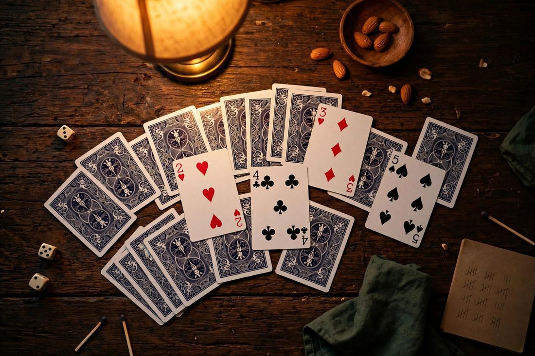Playing cards spread on a table at game night