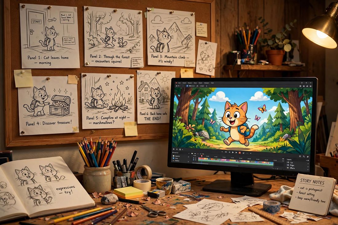 An animator's desk with storyboards