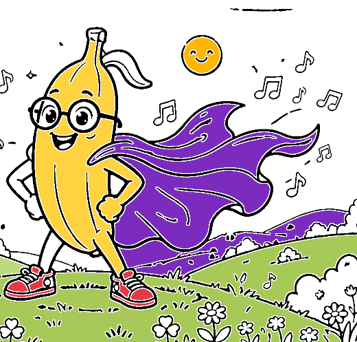 Banana-Man — a smiling banana superhero with round glasses, a purple cape and red sneakers